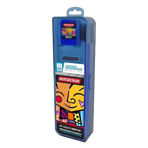 Dentalclean Kit Romero Britto: Gel Dental 50g - Escova Macia - Fio Dental 20m com Estojo, Azul
