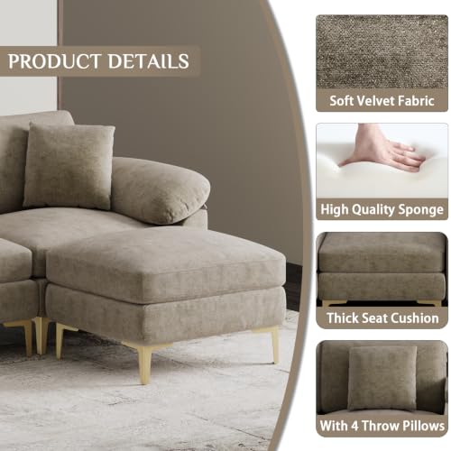 Image of OUYESSIR U-Shaped Sectional Sofa Couch, 4 Seat Sofa Set for Living Room, Convertible U-Shaped Chenille Couch Set with USB Port Central Console Ottoman,128 inches (Light Brown)