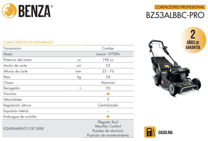 Cortacésped BZ53ALBBC-PRO - Gasolina Loncin 196 CC - 53 cm