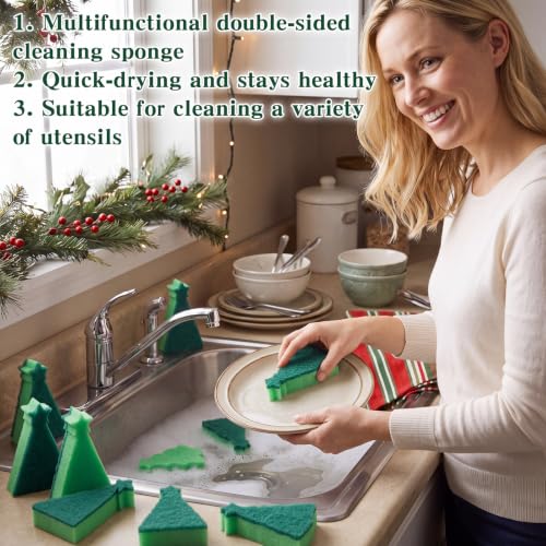 Image of Tioncy 12 Pack Christmas Tree Kitchen Sponges Bulk Green Star Top Tree Dual Sided Scrubber Sponges Dishwashing Kitchen Cleaning Accessories for Home Decor Household Supplies