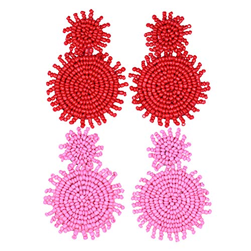 2 Pairs Statement Earrings Beaded Earrings for Women - Bohemian Drop Earrings Layered Disc Dangle Earrings Idea Gift Red Pink