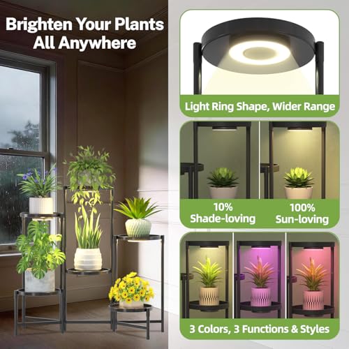 Image of iDavosic.ly 6 Tier Large Plant Stand Indoor with Grow Light, Tiered Corner Metal Outdoor Flower Display Holder Shelf with 10 Inch Wide Tray, Folding Tall Rack for Patio Porch Living Room, Black