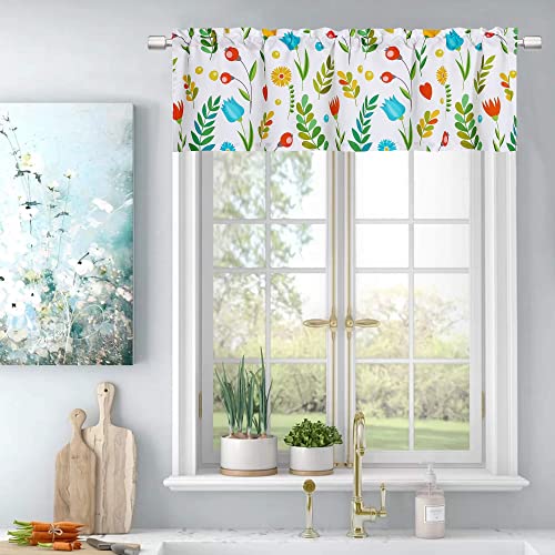 Watercolor Botanical Flowers Leaves Plants Printed Floral Valance For Windows, Farmhouse Rod Pocket Cafe Curtain Valance For Kitchen Bathroom Window Treatment, 56" X 15", Colorful, 1 Panel #TOP1