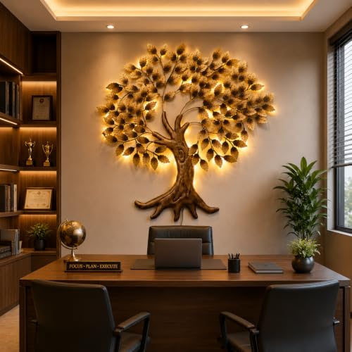 Image of Bharat Art Metal Big Tree Wall Art with LED Light Handcrafted Iron Wall Hanging for Living Room Bedroom Hall Office Entrance | Zora Tree B Golden 45 x 2 x 45 Inch | WD111 (B)