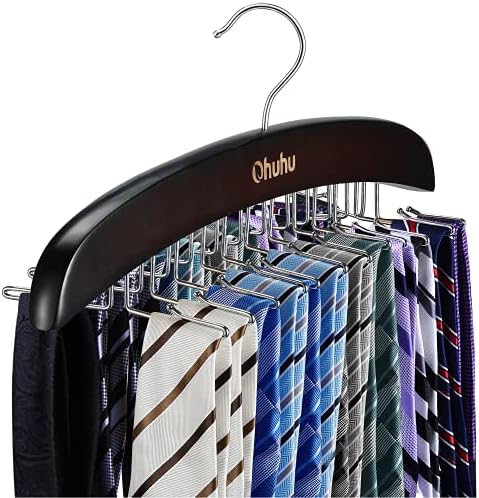 Ohuhu Tie Hanger Rack for Closet, Walnut Wooden Tie Organizer with 24 Folding Hooks, 360 Degree Rotating Tie Holder Storage for Neckties Belts Scarves Tank Tops Accessories, 1 Pack