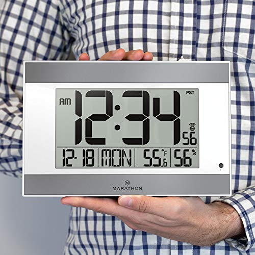 Marathon Large Atomic Wall Clock With Auto Backlight, Calendar, Temperature, And Humidity - Batteries Included - Cl030052 White/Silver #TOP3