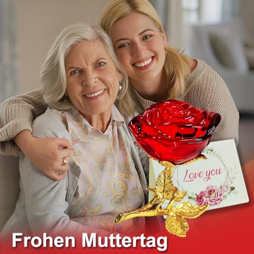 Rote Kristall Rose Figur mit Golden Stiel,3D Glasrose Geschenk für Sie,K9 Kristallrose mit Wunschkarte,Ewige Blume für Frauen zum Geburtstag, Muttertag, Hochzeit, Jahrestag, Valentinstag, Weihnachten