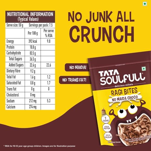 Image of Tata Soulfull Ragi Bites No Maida Choco, Yummy Chocolatey, 375g, Delicious Millets, 7 Grains, High in Protein, Rich in Calcium, Breakfast Cereals (Pack of 3)