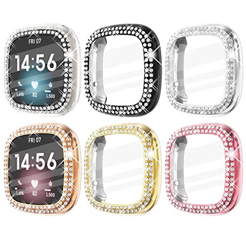 KADES 6-Pack Versa 2 Screen Protector Cases, Soft TPU Double Diamonds Scratch Resistant Full Cover Cases, Black/Silver/Rose Gold/Gold/Pink/Clear