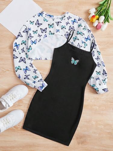 Image of SHENHE Girl's 2 Piece Outfits Butterfly Print Mini Cami Dress and Crewneck High Low Crop Sweatshirt Multicolor 12-13Y