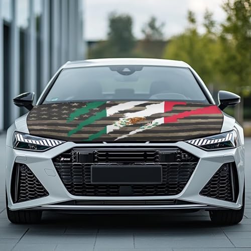 Image of Mexican Flag for Car Hood Cover Weatherproof Automotive Exterior Accessories Universal Fit Hood Covers for Cars, Trucks, SUV, or Van Full Coverage, Camo American