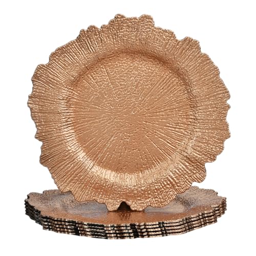 ALINK Platos de mesa de oro rosa, plato de arrecife, cargador para platos de cena, 31 cm, cargador de plástico para bodas, Navidad y fiestas, 6 unidades, reutilizable