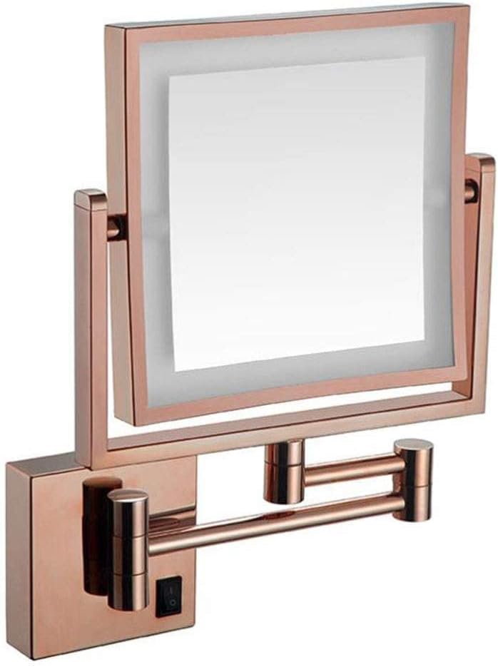 Makeup Mirror Vanity Mirror Wall Mounted Mirror,Square Double-Sided LED Makeup Mirror Folding Telescopic Mirror Bathroom Magnifying Beauty Mirror with Light Cosmetic Mirror(Zirconium Gold)