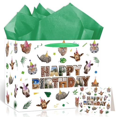 LUUFILx Jungle Animal Birthday Gift Bag for Boys Girls Jungle Animal Wrapping Paper with Tissue Paper Greeting Card Safari Animal Bday Gift Bag Wild Animal Theme Baby Shower Party Supplies