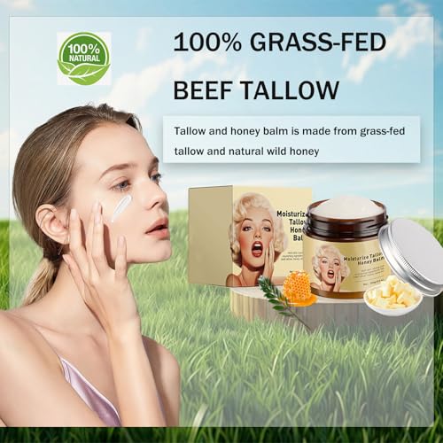 Qawnfy Whipped Beef Tallow and Honey Balm, Grass-Fed Beef Tallow & Raw Wild Honey Blend Moisturizer, 3.5oz, Tallow Face Moisturizer Body & Face Moisturizer Infuses the Body with honey To Moisturize the Skin