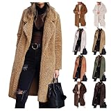KAJXZ Long Cardigans for Women Fuzzy Fleece Lapel Open Front Sherpa Jacket Winter Warm Solid Color Faux Fur Lined Outwear