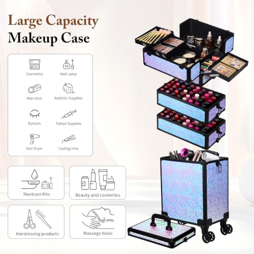 Image of 5 in 1 Rolling Makeup Train Case Professional Cosmetic Trolley Large Storage Organizer on Wheels for Hairstylist Artist Nail Beauty Salon Barber Shiny Purple