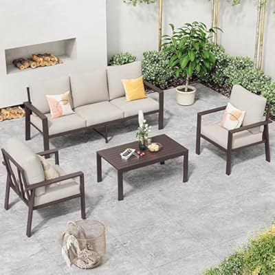 VONZOY 5-Seat Outdoor Aluminum Patio Furniture Set with Coffee Table - All-Weather Rust-Proof Sectional Sofa Set with Removable Cushion for Deck, Backyard, Poolside & Small Spaces