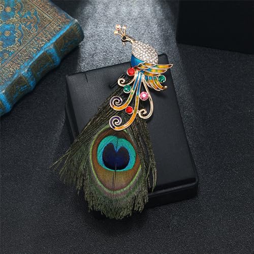 Image of Rhinestone Peacock Feather Brooch for Women Girls Gold Plated Fashion Artificial Blue Green Bird Animal Brooches Lapel Pins Hat Bag Suit Dress Accessories Wedding Anniversary Jewelry Gift