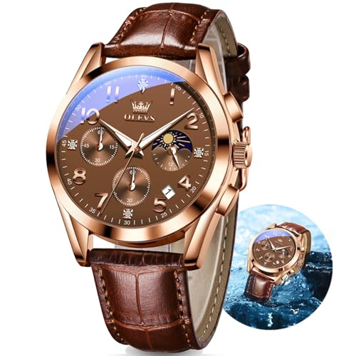 Image of OLEVS Men's Watches Brown Leather with Date,Casual Watches for Men,Large Face Watches Men,Chronograph Mens Watch,Sport Waterproof Business Dress Analog Quartz Men's Wrist Watches Reloj De Hombre