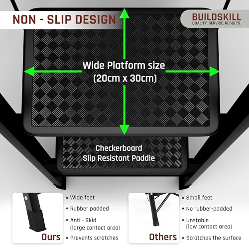 Image of BUILDSKILL Black 3 Step Ladder for Home Use with Built-in Tool Tray | Heavy Duty D Shape Rods | 20 x 30 cm Large Step with Rubber Pad | Secure Lock | 150Kg Capacity Foldable Ladder - 5 Years Warranty