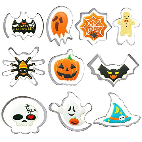 Halloween Cookie Cutters Set - 10 Piece - Pumpkin, Bat, Ghost, Witch Hat, Spider, Cobweb, Skull and Skeleton Shape