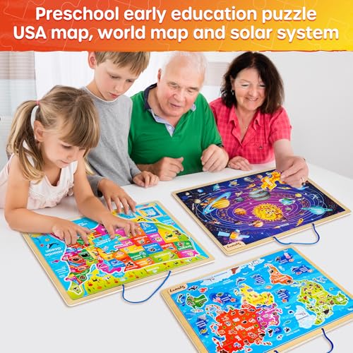 SYNARRY Large USA World Solar System Wooden Magnetic Puzzles for Kids Ages 4-6, Wood Puzzles Educational Games Toys Easter Gifts for Toddlers, United States World Space Map for Boys Girls Ages 3-5 4-8 - Image 6