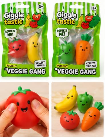 Giggletastic Squishy Collectible Toys | Munch'Ems Food Characters & Veggie Gang Fruit & Vegetable Characters | Soft Squeeze Sensory Toys for Kids Ages 3+ HTUK (Veggie Gang Pack of 2)