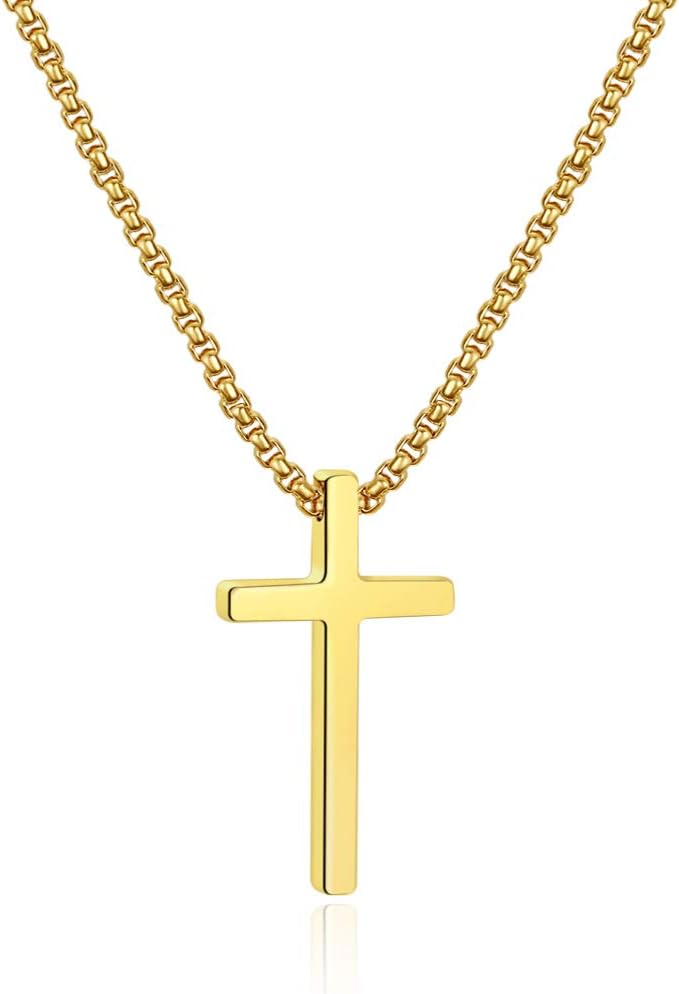 Ursteel Cross Necklace for Men, Silver Black Gold Stainless Steel Cross Pendant Necklace for Men, 16-30 Inches Box Chain