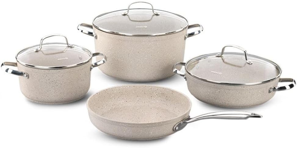 Granita 7 Pieces Non-Stick Cookware Set | Forged Aluminum Granite Coated Induction Base Cookware Pots and Pans Set | Beige - KA1272