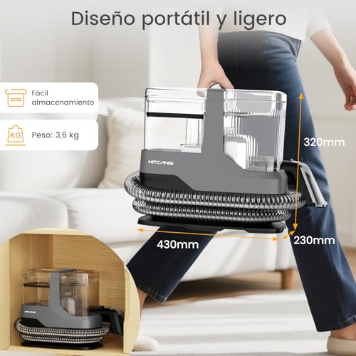 Kitcanis Aspiradora de Agua Tapiceria - 17KPa 600W 78dB Limpiador de Tapicerias con 4 Boquillas Cepillo 2 Depósitos para Manchas, Alfombras, Sofás, Tapicería, Escaleras, Coche - imagen 4