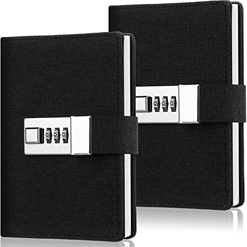 2 Packs Lock Journal Lock Diary A7 Mini Travel Diary with Lock Planner Organizer Journal with Lock Password Notebook with Lock Fabric Cover Secret Hardcover Executive Notebooks for Girls Boys, Black