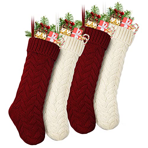 LIBWYS Knit Christmas Stockings, 18" Large Cable Xmas Stockings Classic Burgundy Red & Ivory White Chunky Hand Stockings (Burgundy, Ivory, 2)