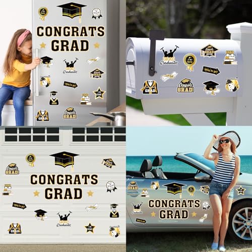 Image of JarThenaAMCS 28Pcs 2026 Graduation Car Magnets Magnetic Garage Door Stickers Congrats Grad Cap Automotive Cruise Refrigerator Decals for Home Classroom Party Decoration (Black, Gold)