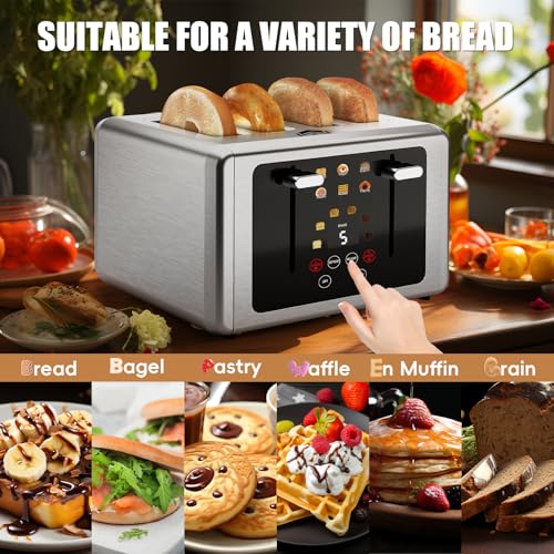 Image of WUNLY Smart Digital 4 Slice Toaster with Touch Screen, 1.5'' Extra Wide Slots for Bagel, Digital Countdown & Sound Control, 6 Bread Types & 6 Shade Settings, Defrost /Reheat /Standby, Stainless Steel