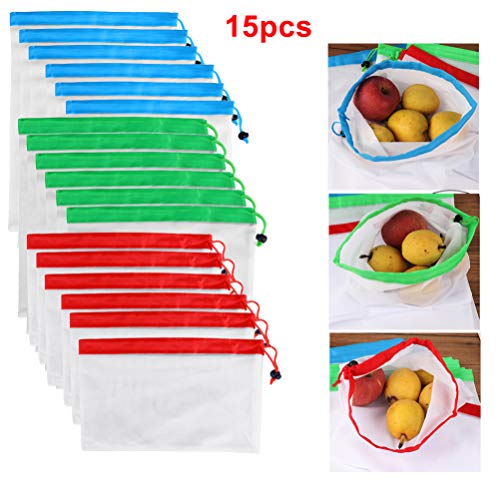 Cabilock 15 unidades de sacos de malha laváveis, duráveis, reutilizáveis, ecológicos, malha, sacos d