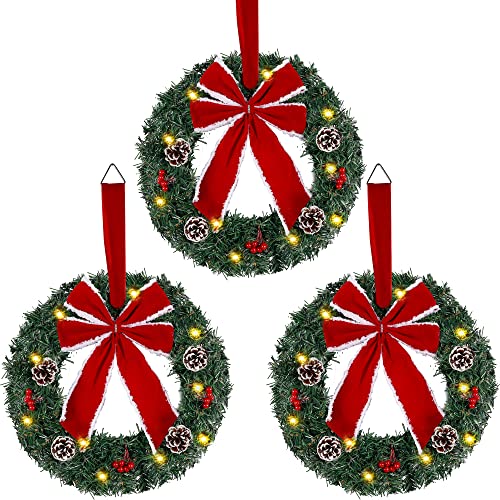 Hausse Set Of 3 Christmas Wreaths, Lighted Artificial Christmas Wreath With Large Red Bow & Ornaments, Battery Operated With Led Lights, For Front Door Gate Wall Christmas Party Decorations #TOP17