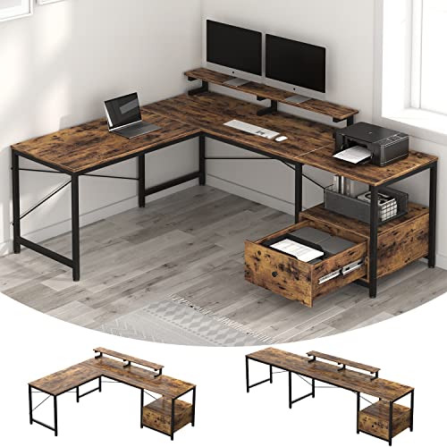 L Shaped Computer Desk With Drawers, Corner Gaming Desk With Monitor Stand, Computer Desk Home Office Desk With Storage Shelves, 2 Person Desk With Printer Space, Easy To Assemble, Rustic Brown #TOP2