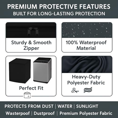 Image of DALUCI Top Load Fully Automatic Washing Machine Cover for 8 Kg, 8.5 Kg, 9 Kg, 9.5 Kg, 10 Kg | Waterproof & Dustproof Polyester Fabric Cover for Washing Machine with Zipper(Black, 63X63X93 CM)