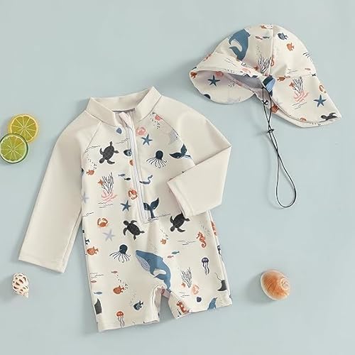 Baby Toddler One Piece Swimsuit, Long Sleeve Rash Guard Swimwear with Zipper and Hat UPF 50+ Protection Cute Sea Creature Print Beachwear for Baby Boys and Girls 12-18 Months (Ivory White)