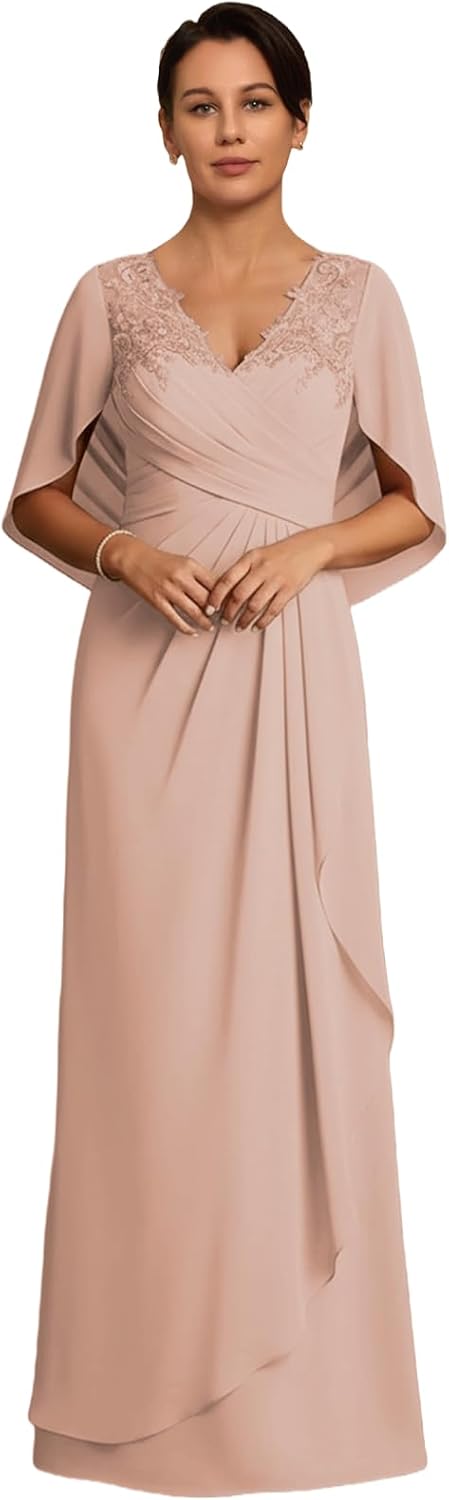 Chiffon Long Mother of The Bride Dress for Women Applique V Neck Grandmother of The Groom Dresses with Sleeve