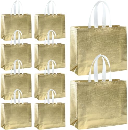 40 Pack Glossy Gold Reusable Gift Bags with Handles - Shiny Non-Woven Shopping Tote Party Favor Bags for Birthday, Wedding, Bridesmaid, Christmas (Medium, 11 x 12 Inch)