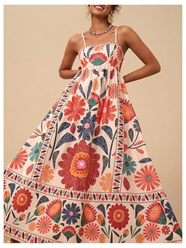 Floerns Women's Spaghetti Strap Tropical Dress Shirred Vacation Cami Maxi Dress4