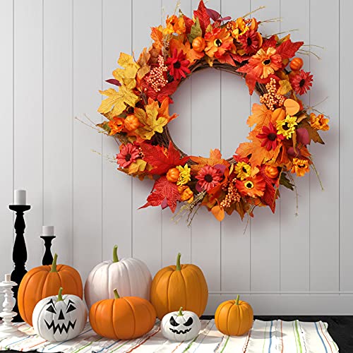 Uwilowe 20‘’ Fall Wreaths For Front Door - Autumn Fall Wreath For Front Door Outside, Pumpkin Wreath For Thanksgiving Day, Maple Leafs Wreaths For Front Door Decoration #TOP3