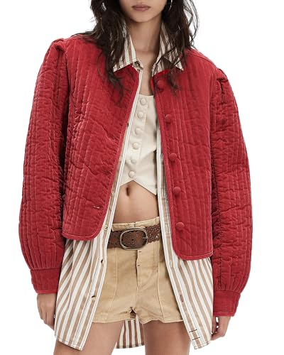 Locachy Women's Vintage Crew Neck Quilted Puffer Jacket Button Down Padded Cropped Fall Winter Outerwear Coat