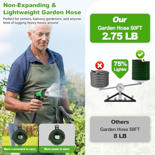 Image of Garden Hose 50ft, Non-Expanding Water Hose with 10 Function Nozzle, Lightweight, Kink Free, Sturdy, Leak-Proof, Portable, Flexible Hose 50ft for Outdoor, Yard, Lawn, Car Wash and Camper Use