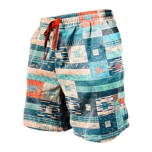 Pantalones Cortos Hippies para Hombre con Estampado Colorido en Bloques de Colores, Estilo Patchwork, Holgados, Informales, para el Verano y la Playa