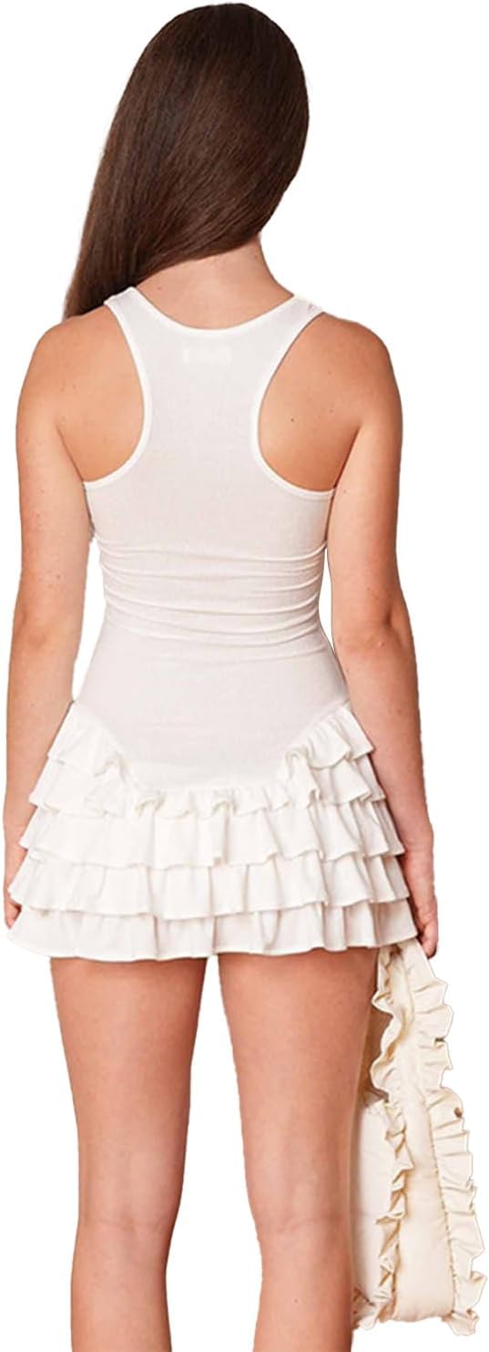Women's Summer Frill Rank Dress Sleeveless Bodycon Tiered Ruched Dress Skim Hem Dress - Image 2