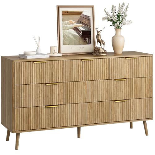 CARPETNAL Fluted 7 Double Drawers Dresser for Bedroom, 55”Wide Modern Chest of Drawers with Deep Drawers,Curved Profile Design, Wood Drawer Organizer for Living Room, Hallway, Natural Oak - Image 8