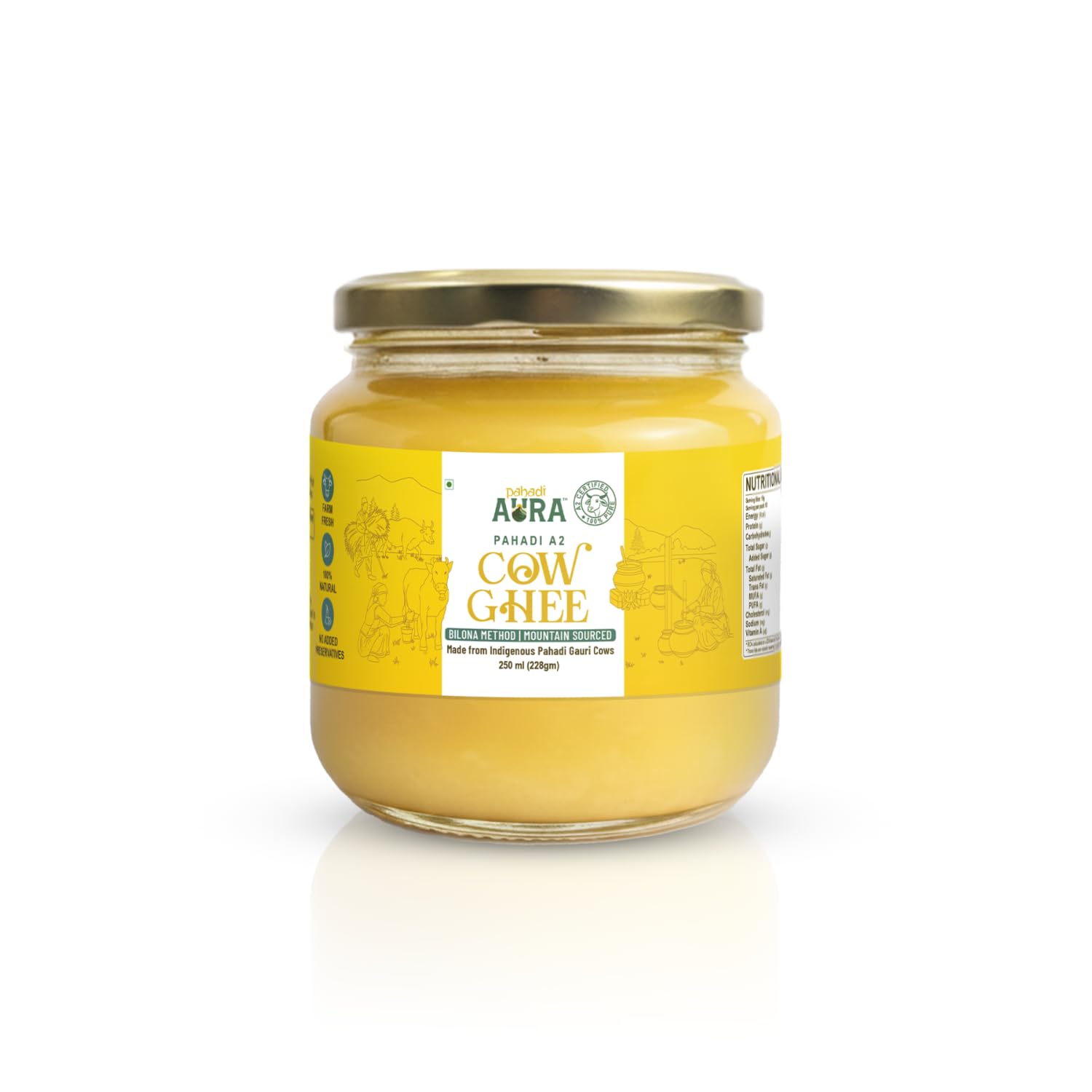 Pahadi Aura A2 Bilona Ghee (250ML) | Pure A2 Pahadi Cow Ghee | Traditional Bilona Method | Free-Grazing Pahadi Gauri Cow